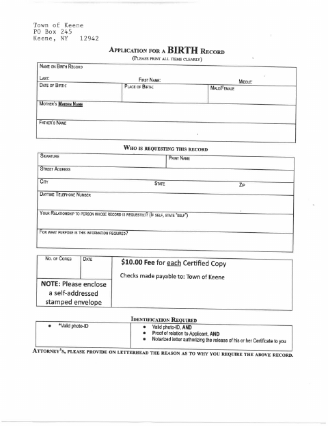 First page of the Application for Birth Record