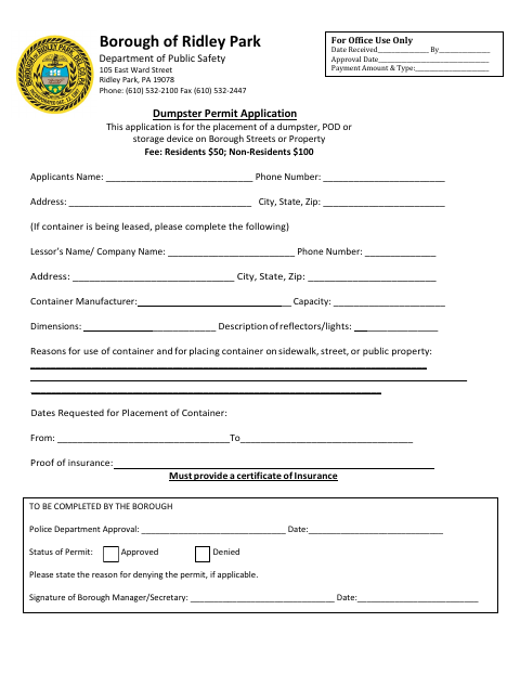 First page of the Dumpster Permit Application