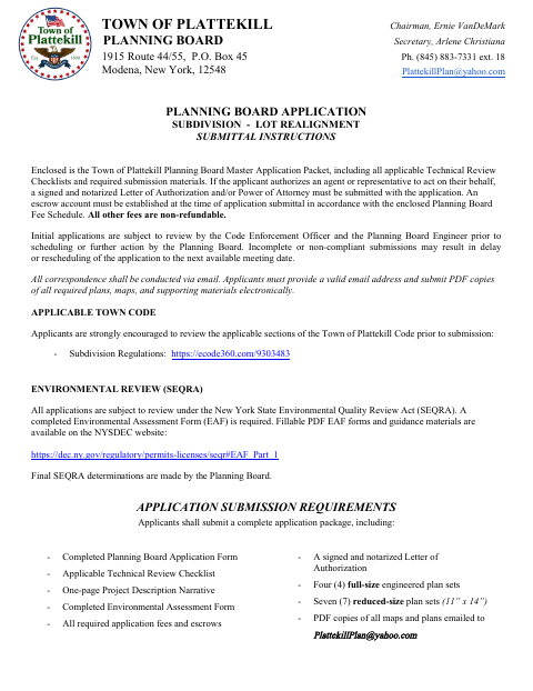 First page of the Planning Board Subdivision Application