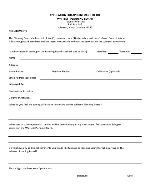 First page of the Application for Appointment to the Whitsett Planning Board