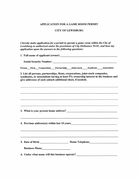First page of the Application for a Game Room Permit