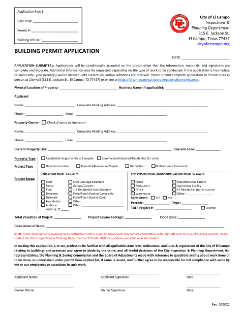 First page of the Building Permit Application