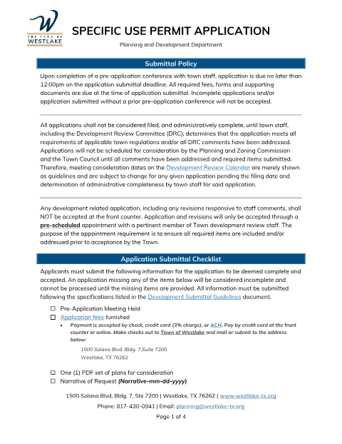 First page of the Specific Use Permit Application