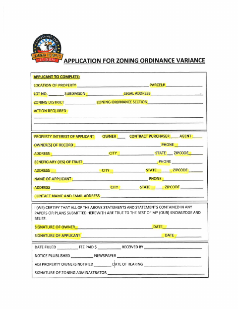 First page of the Application for Zoning Ordinance Variance