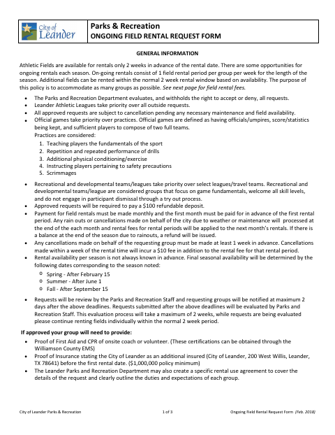 First page of the Ongoing Field Rental Request Form