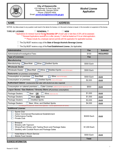 First page of the Alcoholic Beverage License Application