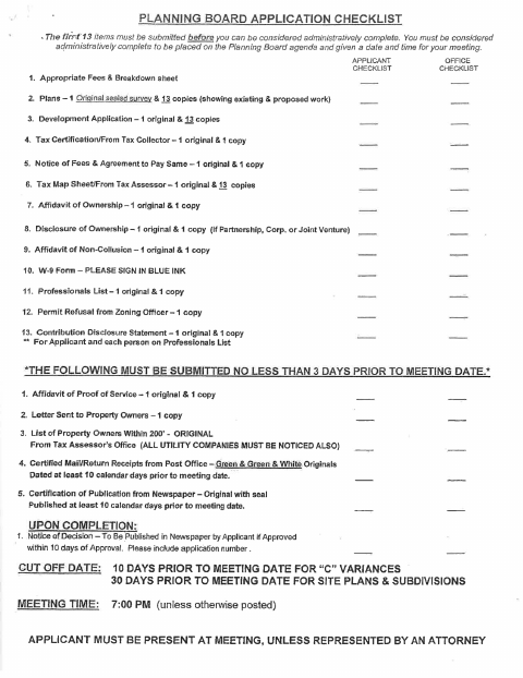 First page of the Planning Board Application Package
