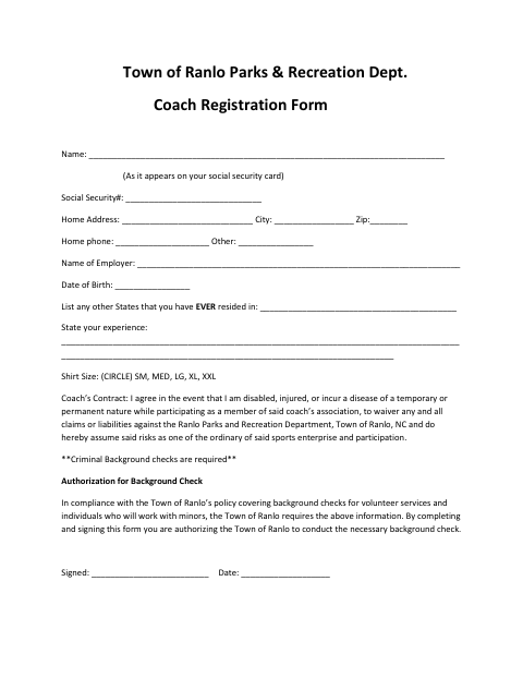 First page of the Coach Registration Form