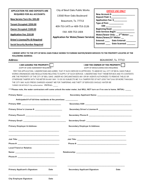 First page of the Application for Water/Sewer Services