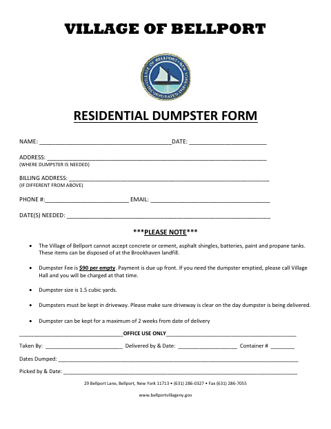 First page of the Residential Dumpster Form