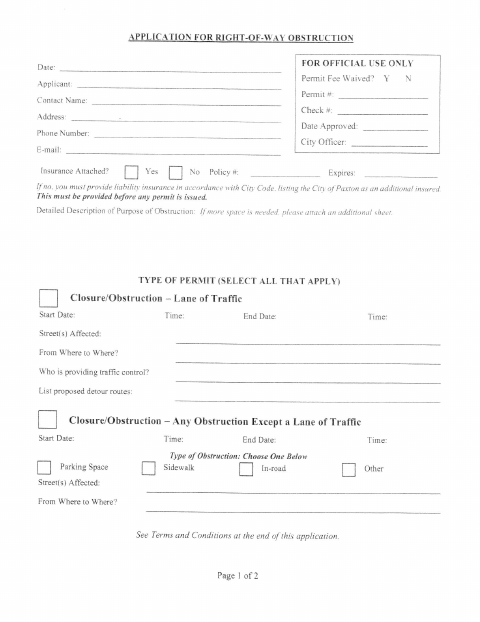 First page of the Right-of-Way Obstruction Application