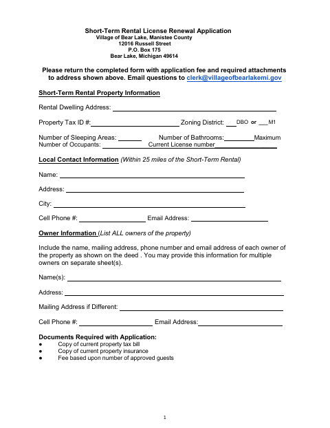 First page of the Short-Term Rental License Renewal Application