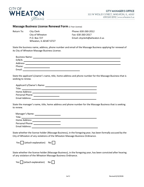 First page of the Massage Business License Renewal Form
