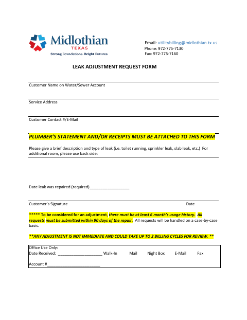 First page of the Leak Adjustment Request Form
