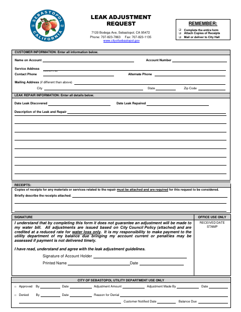 First page of the Utility Leak Adjustment Request