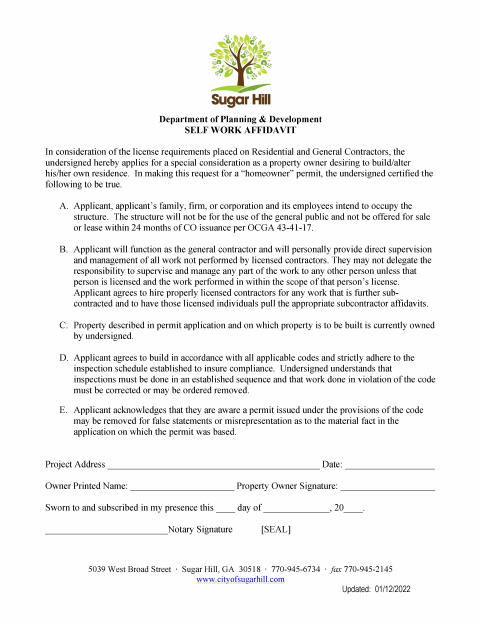 First page of the Home Owner Self Work Affidavit