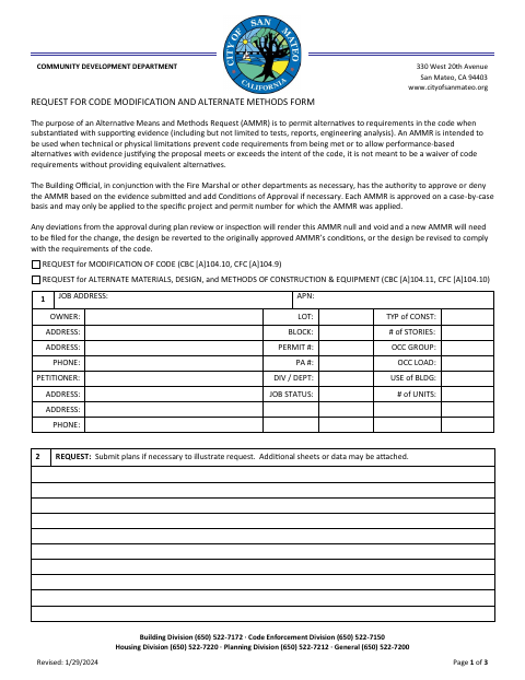First page of the Request for Code Modification and Alternate Methods Form
