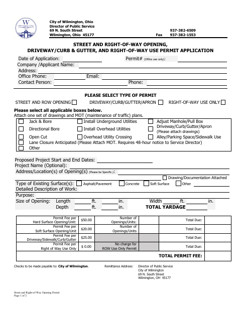 First page of the Street and Right-of-Way Opening Permit Application