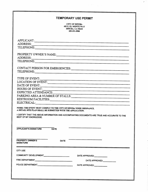First page of the Temporary Use Permit Application