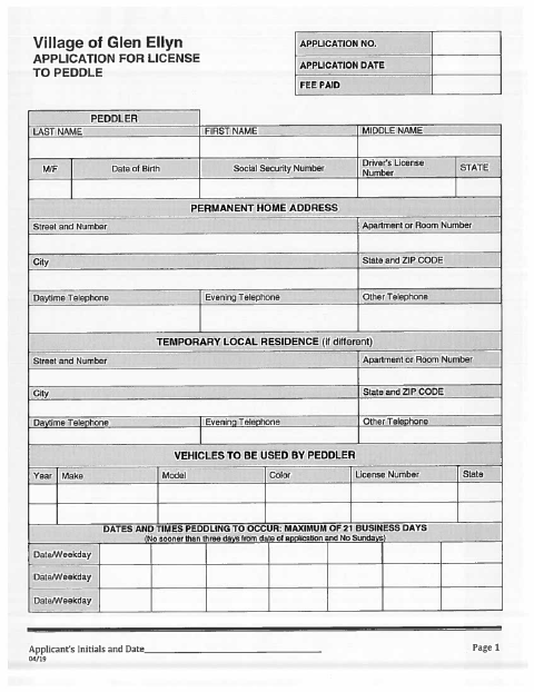 First page of the Peddler's Permit Application