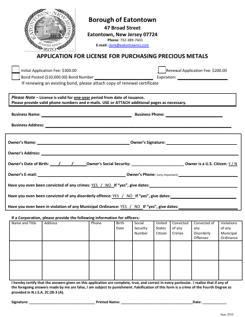 First page of the Application for License for Purchasing Precious Metals
