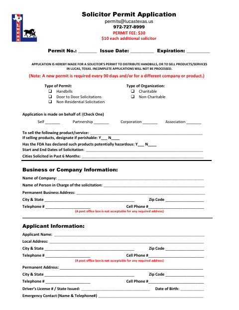 First page of the Solicitation Permit Application