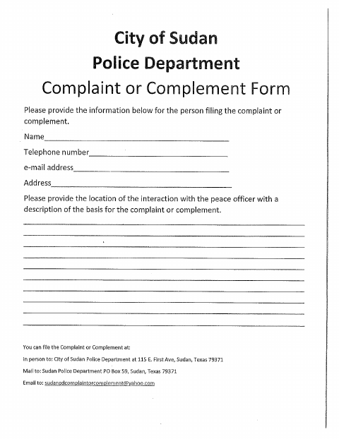 First page of the Police Complaint or Complement Form
