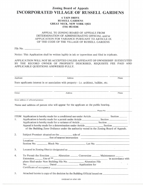 First page of the Zoning Board of Appeals Application