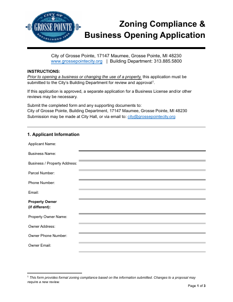 First page of the Zoning Compliance & Business Opening Application