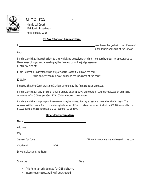 First page of the 31 Day Extension Request Form