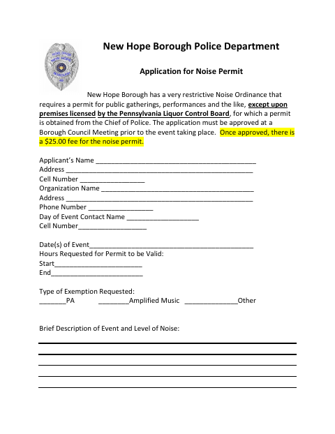 First page of the Noise Permit Application