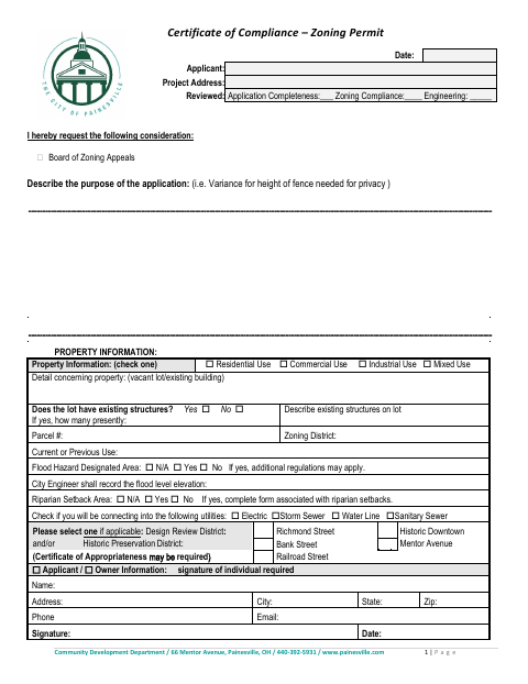 First page of the Certificate of Compliance – Zoning Permit (BZA / Variance)