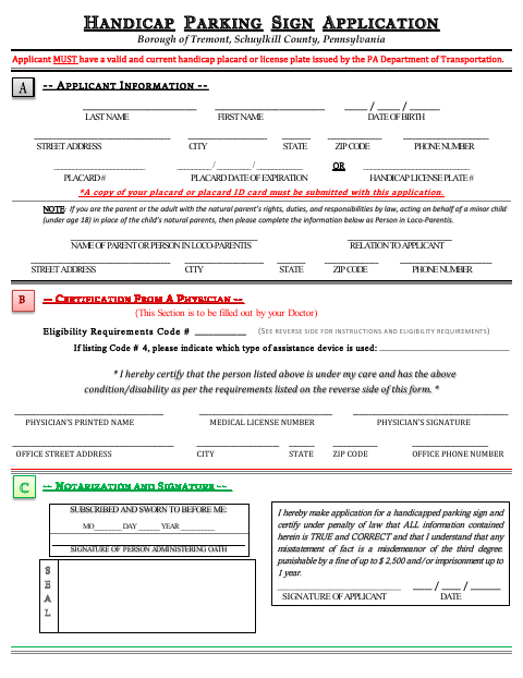 First page of the Handicapped Parking Sign Initial Application