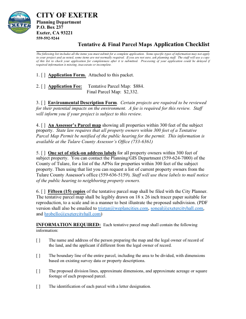 First page of the Tentative & Final Parcel Maps Application Checklist