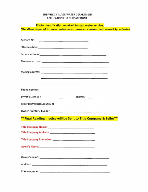 First page of the Water Service Application