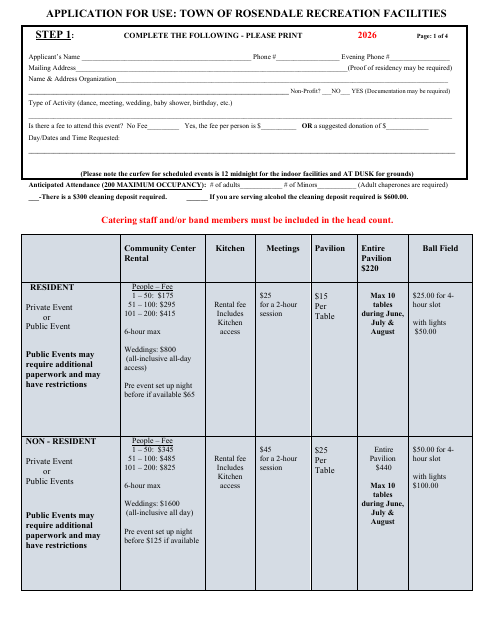 First page of the Application for Use: Town of Rosendale Recreation Facilities