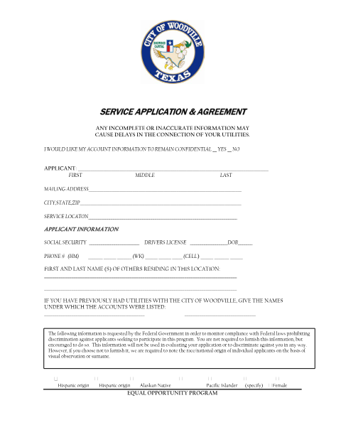 First page of the Residential Service Application