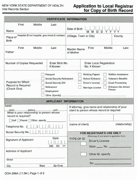 First page of the Application for Copy of Birth Record