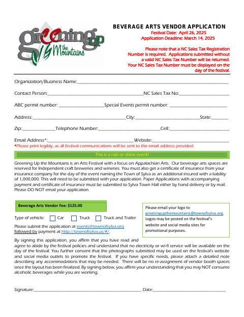 First page of the Beverage Arts Vendor Application