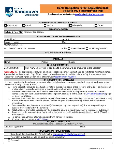 First page of the Home Occupation Permit Application