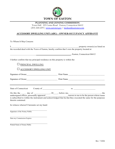 First page of the Accessory Dwelling Unit Owner-Occupancy Affidavit