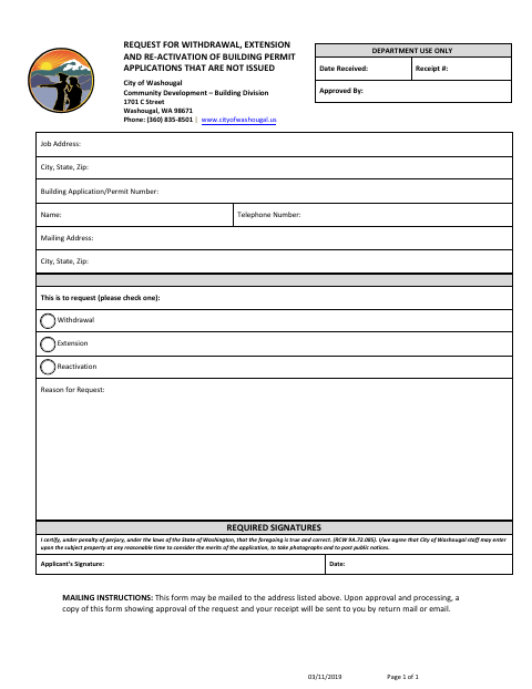 First page of the Request for Withdrawal, Extension and Re-Activation of Unissued Building Permit Applications