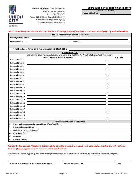 First page of the Short-Term Rental Supplemental Form