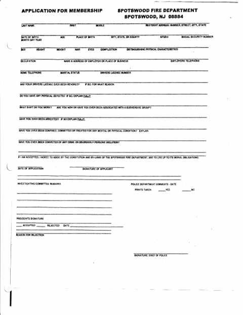 First page of the Volunteer Fire Department Membership Application