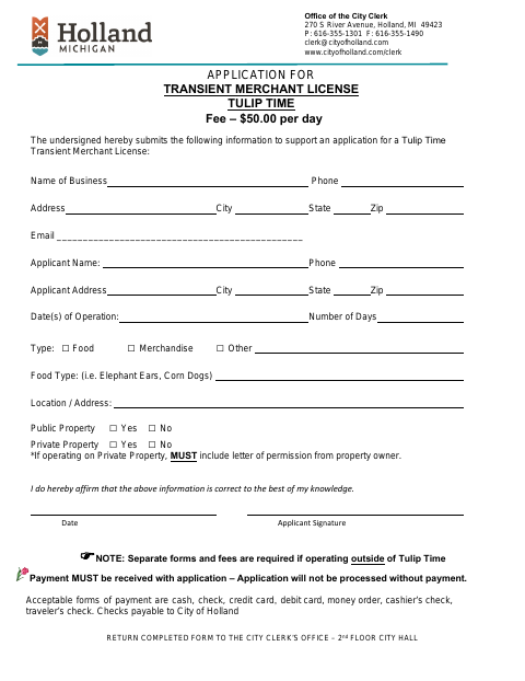 First page of the Tulip Time Transient Merchant License Application