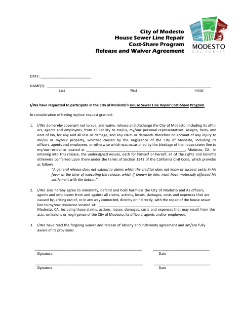 First page of the House Sewer Line Repair Cost-Share Program Release and Waiver Agreement