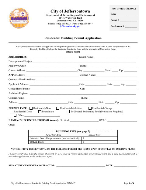 First page of the Residential Building Permit Application