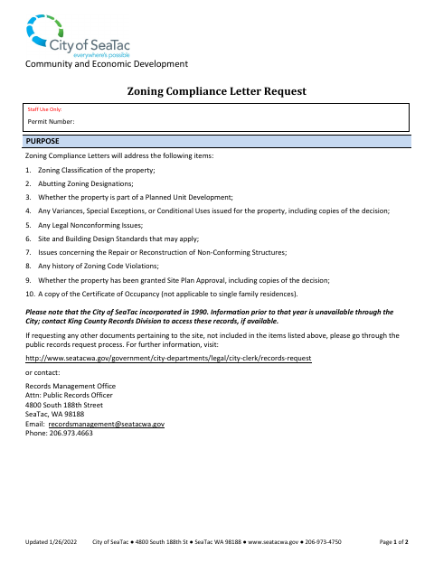 First page of the Zoning Compliance Letter Request