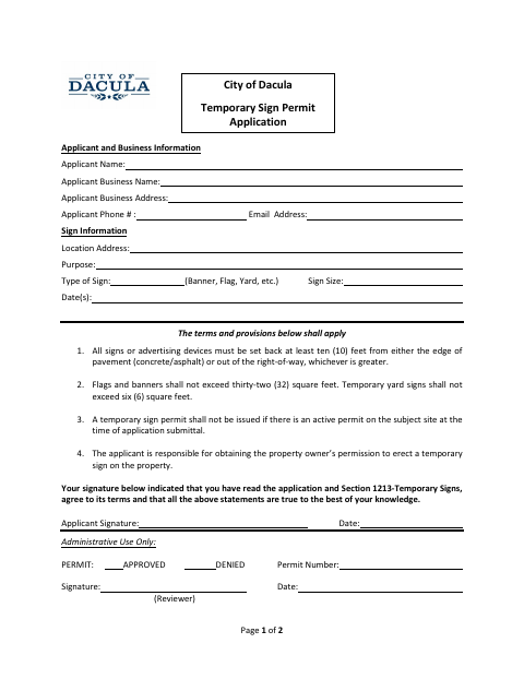First page of the Temporary Sign Permit Application