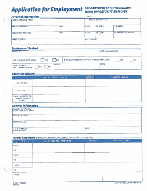 First page of the Employment Application